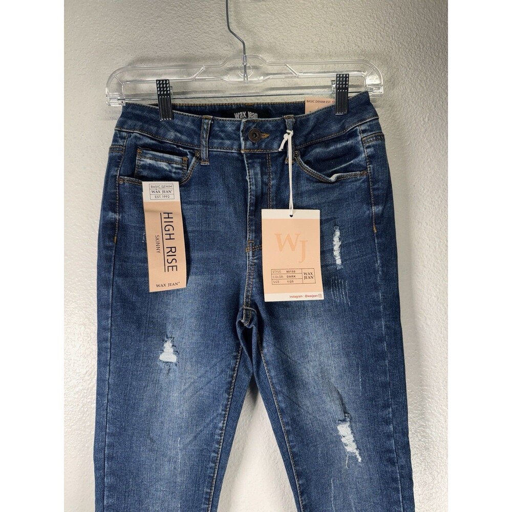 Wax Jean High Rise Denim Skinny Jeans Dark Blue Wash Ripped Distressed Sz 1/25 - Picture 2 of 16